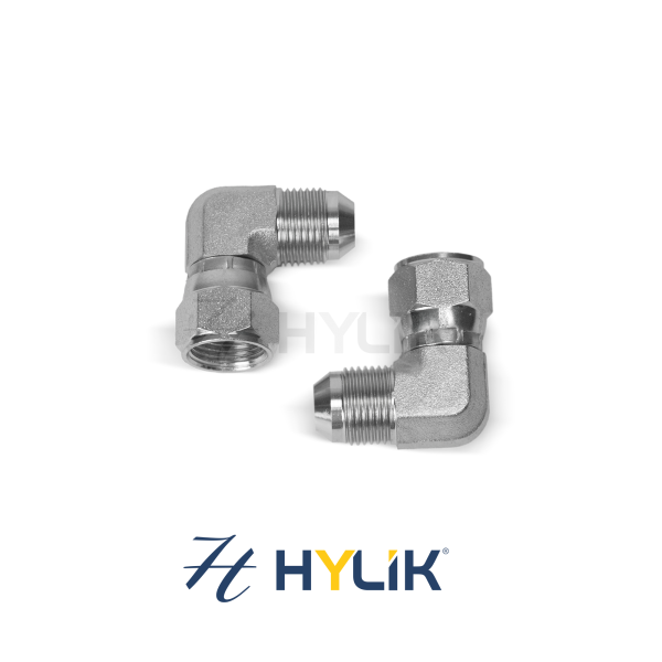 ADAPTADOR - 90° | MACHO FIXO UNF JIC 37° X FÊMEA GIRATÓRIA UNF JIC 37°