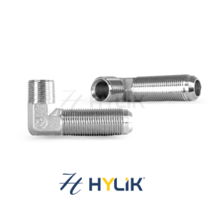 ADAPTADOR 90° PAINEL | MACHO NPTF 30° X MACHO FIXO LONGO UNF JIC 37° (COM CONTRAPORCA)